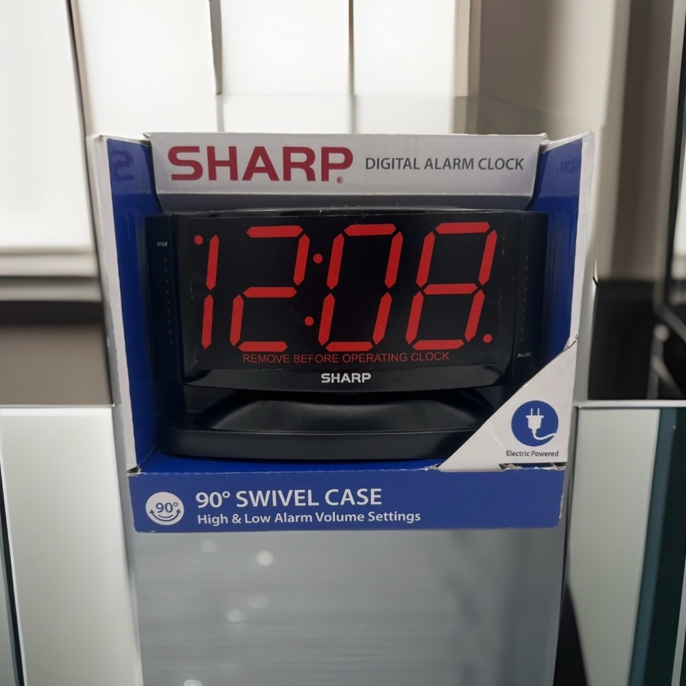 NEW Sharp LED Digital Alarm Clock, Swivel Base, Black Case, Red Display